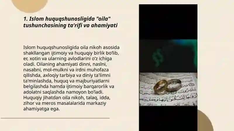 Islom huquqshunosligida oila, nikoh, taloq, idda, zihor tushunchalarini ta'riflash va taqdimot tayyorlash 3