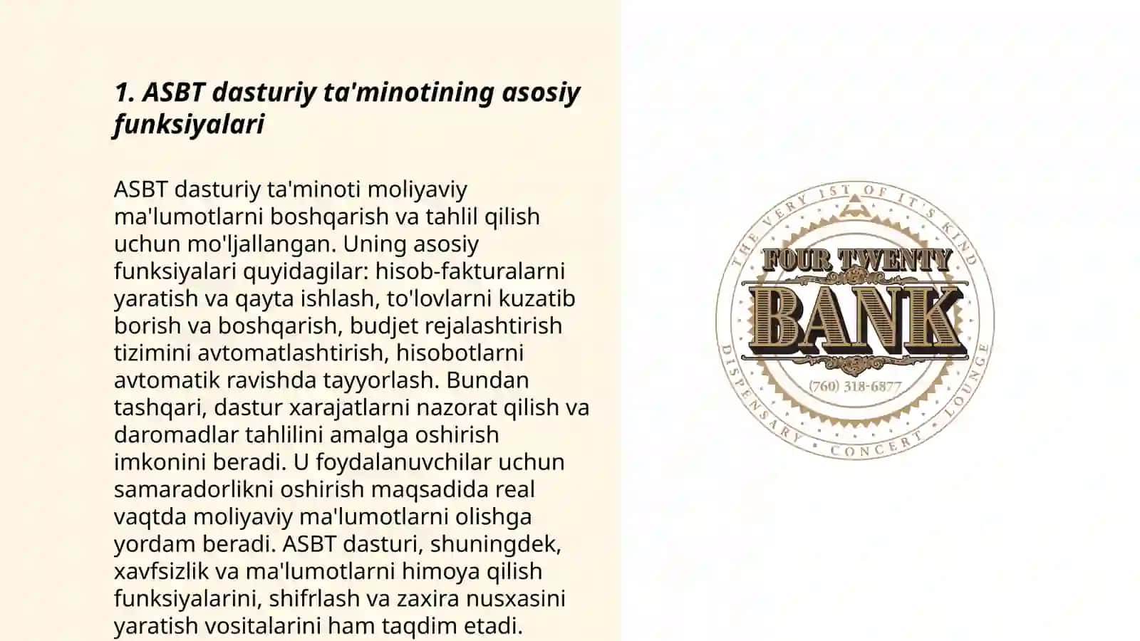 Bank faoliyatida qo'llaniladigan dasturiy ta'minotlar «ASBT», «ASKB», «IABS», «GLOBUS», «NS" sxemasini MS Word dasturida bajarib, har bir bo'limiga ta'ri bering 3