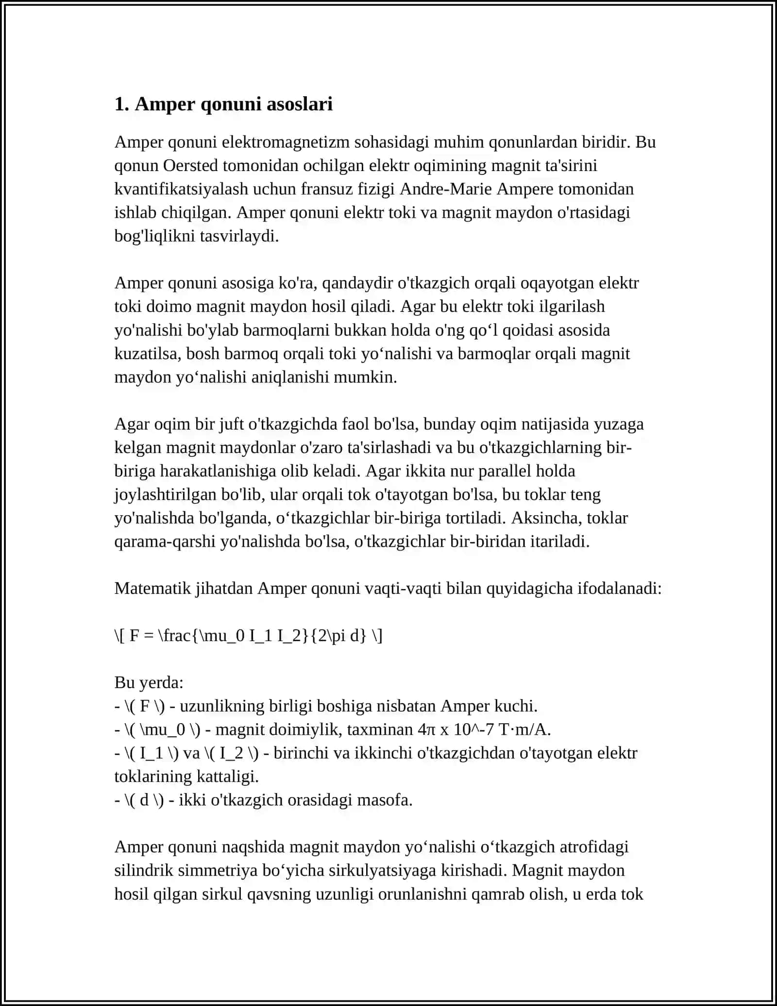 MAGNIT MAYDONIDAGI TOKKA TA’SIR ETUVCHI KUCH. AMPER QONUNI 3
