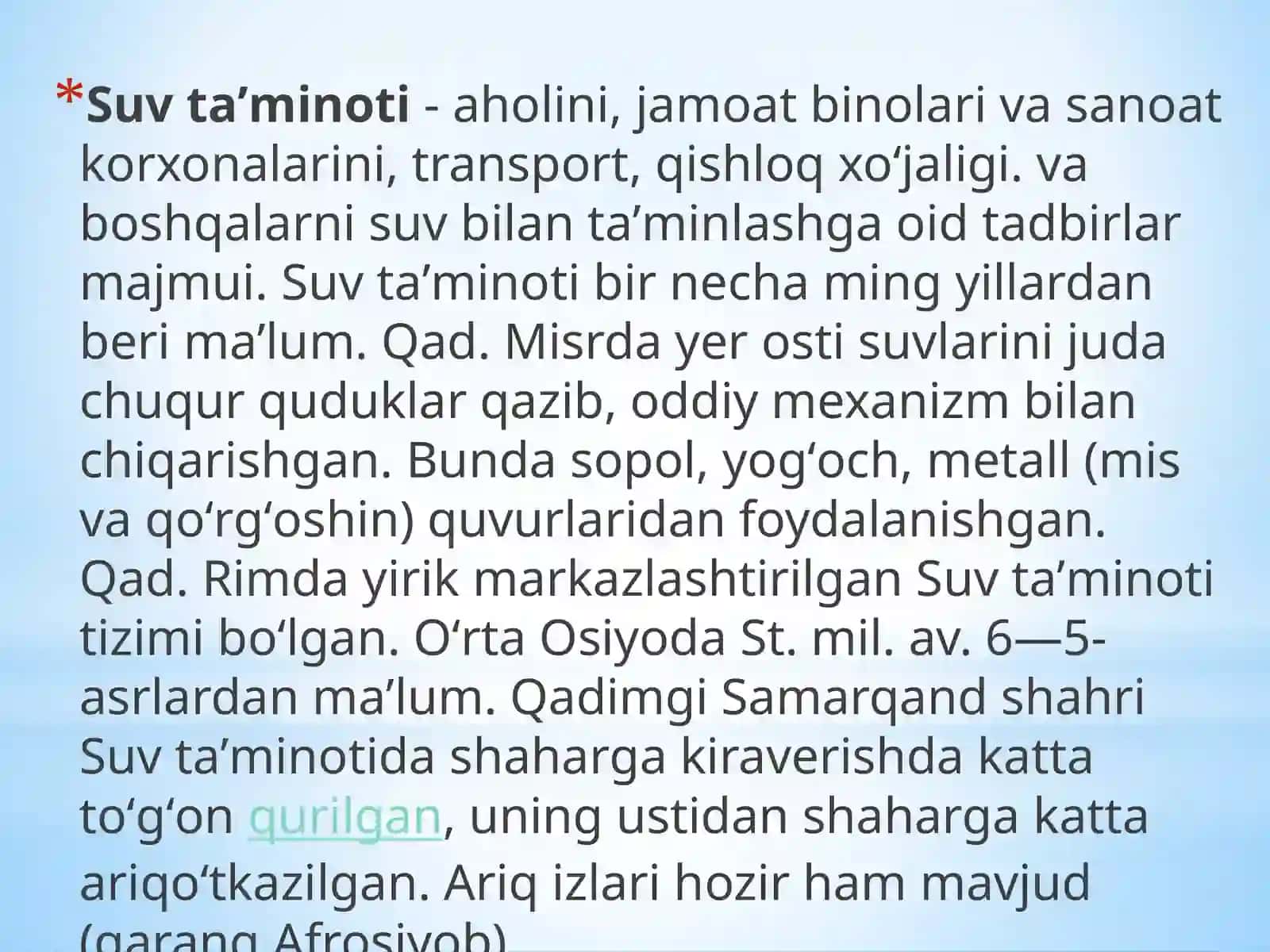 MAHALLIY VA MARKAZLASHGAN SUV TAMINOTI HAQIDA TUSHUNCHA VA ULARNING GIGIYENIK AHAMIYATI 3