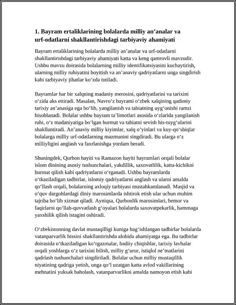 BAYRAM ERTALIKLARINING TARBIYAVIY AHAMIYATI HAQIDA TAHLILIY ESSE YOZISH 3