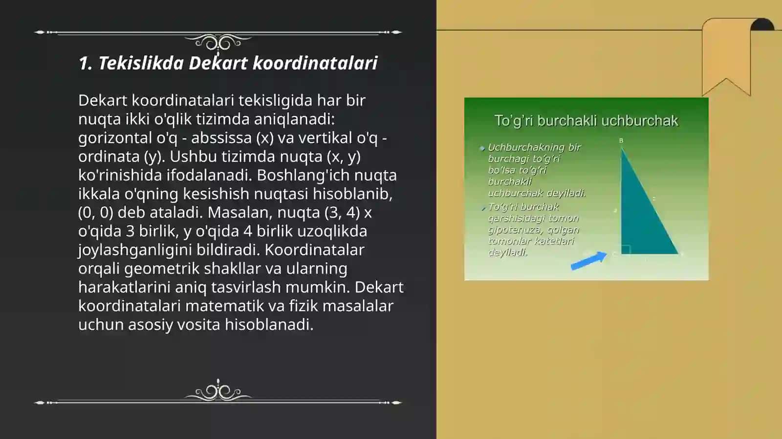 Tekislikda va fazoda Dekart koordinatalar sistemasi.Kesmani berilgan nisbatda boʻlish uchburchak yuzini ogʻirlik markazini topish 3