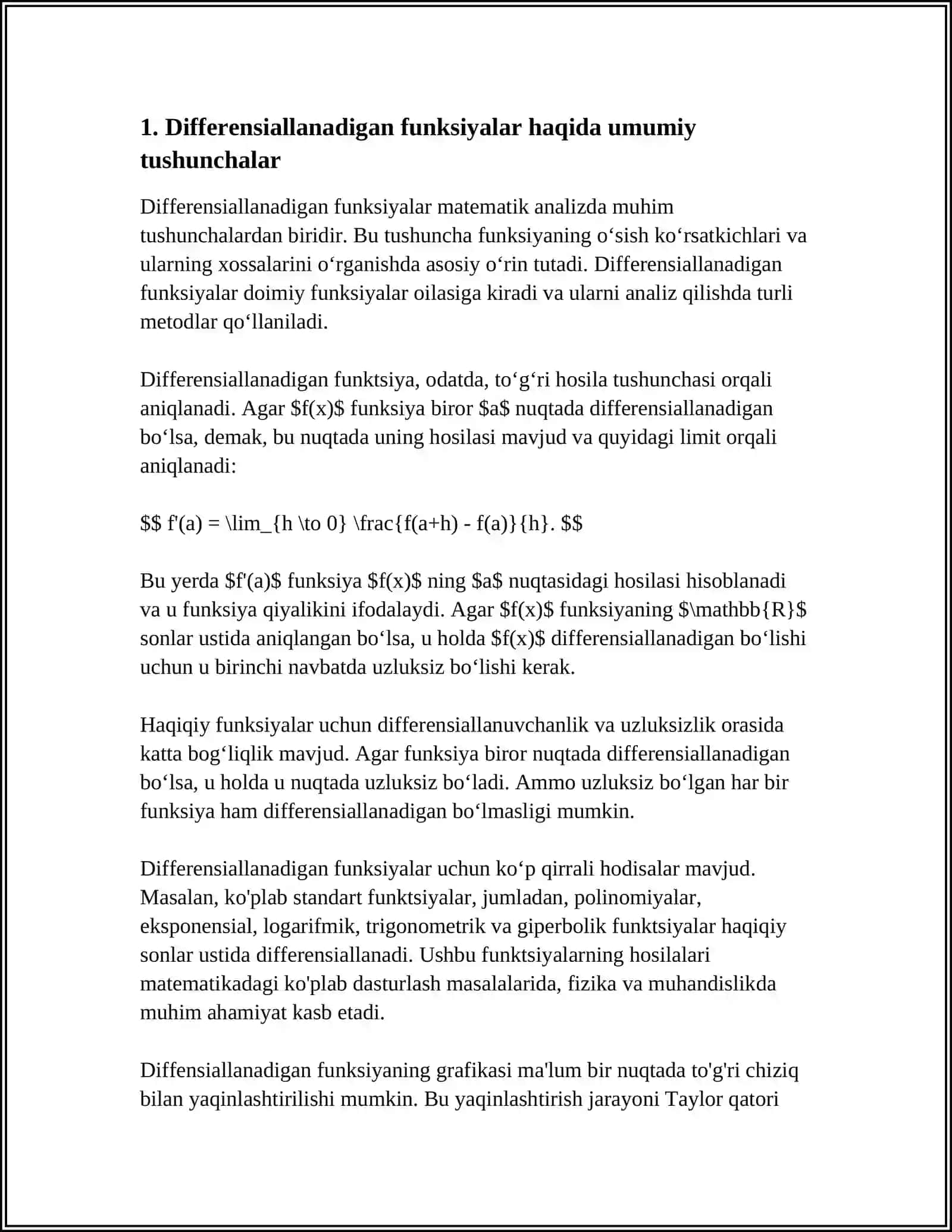 DIFERENSIALLANUVCHI FUNKSIYALAR HAQIDA BAZI BIR TEOREMALAR.EGRI CHIZIQQA URINMA VA NORMAL TENGLAMASI. LOPITAL QOIDASI 3