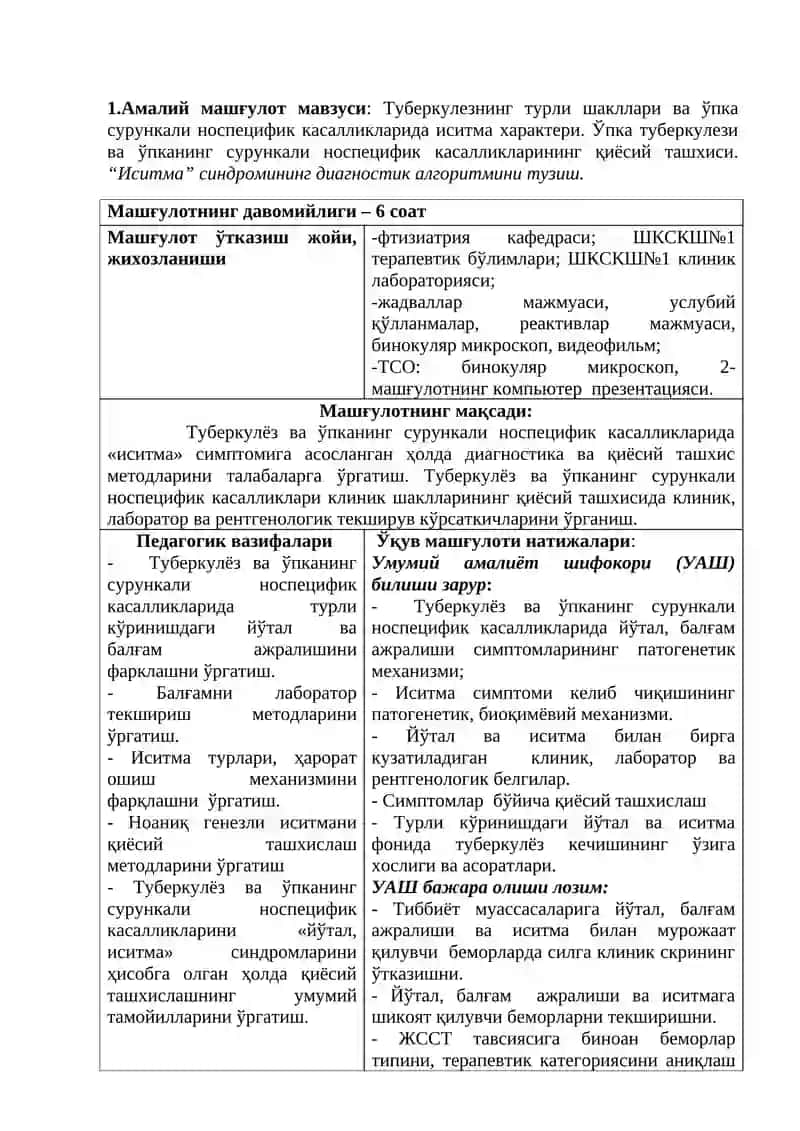 Туберкулезнинг турли шакллари ва ўпка сурункали носпецифик касалликларида иситма характери 3