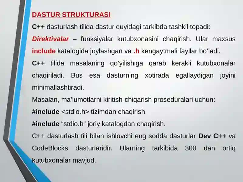 C++ dasturlash tilining asosiy konstruktsiyalari va tizimda qo‘llash xususiyatlari 3