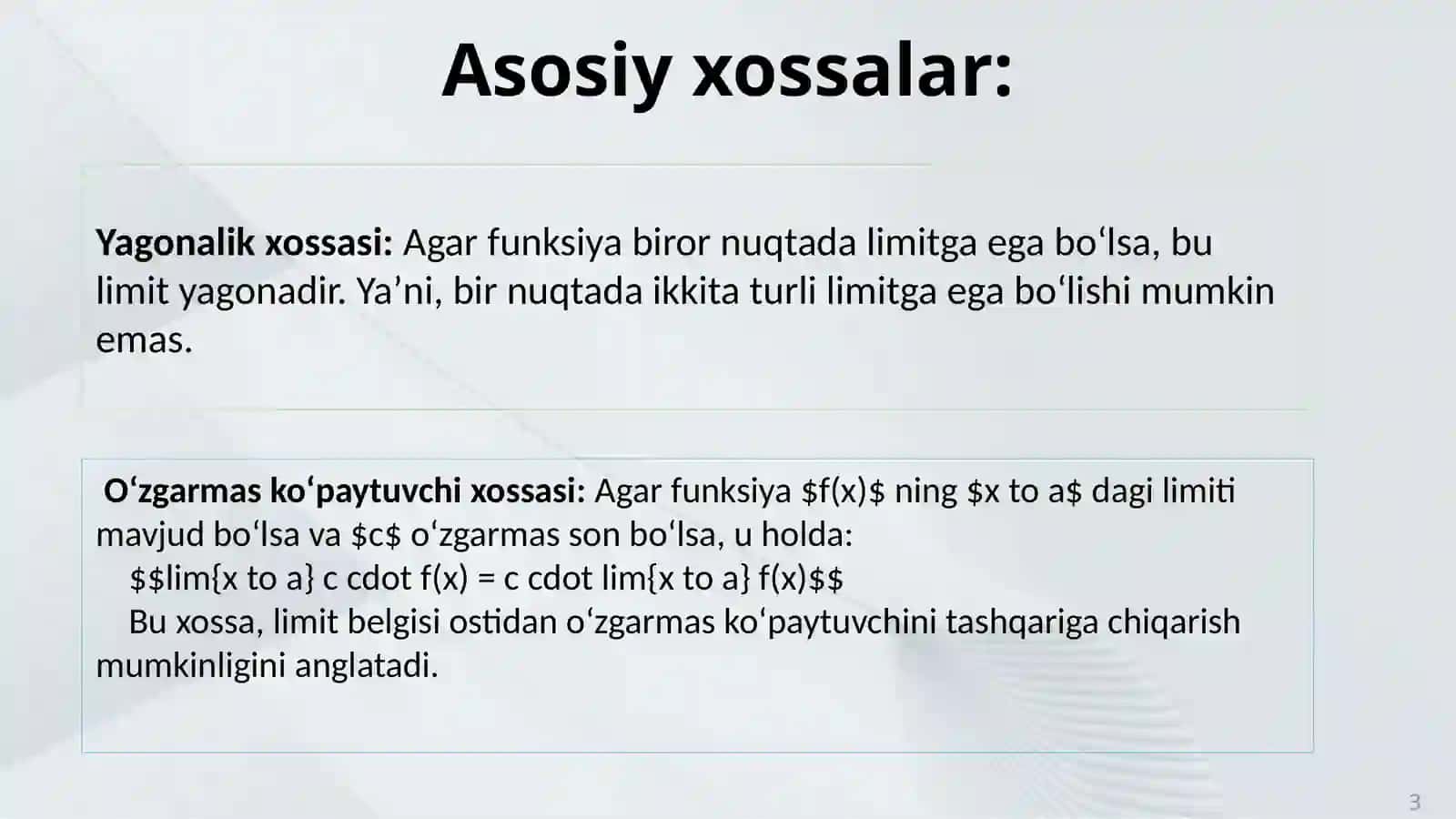 Limitga ega boʻlgan funksiyalarning xossalari 3
