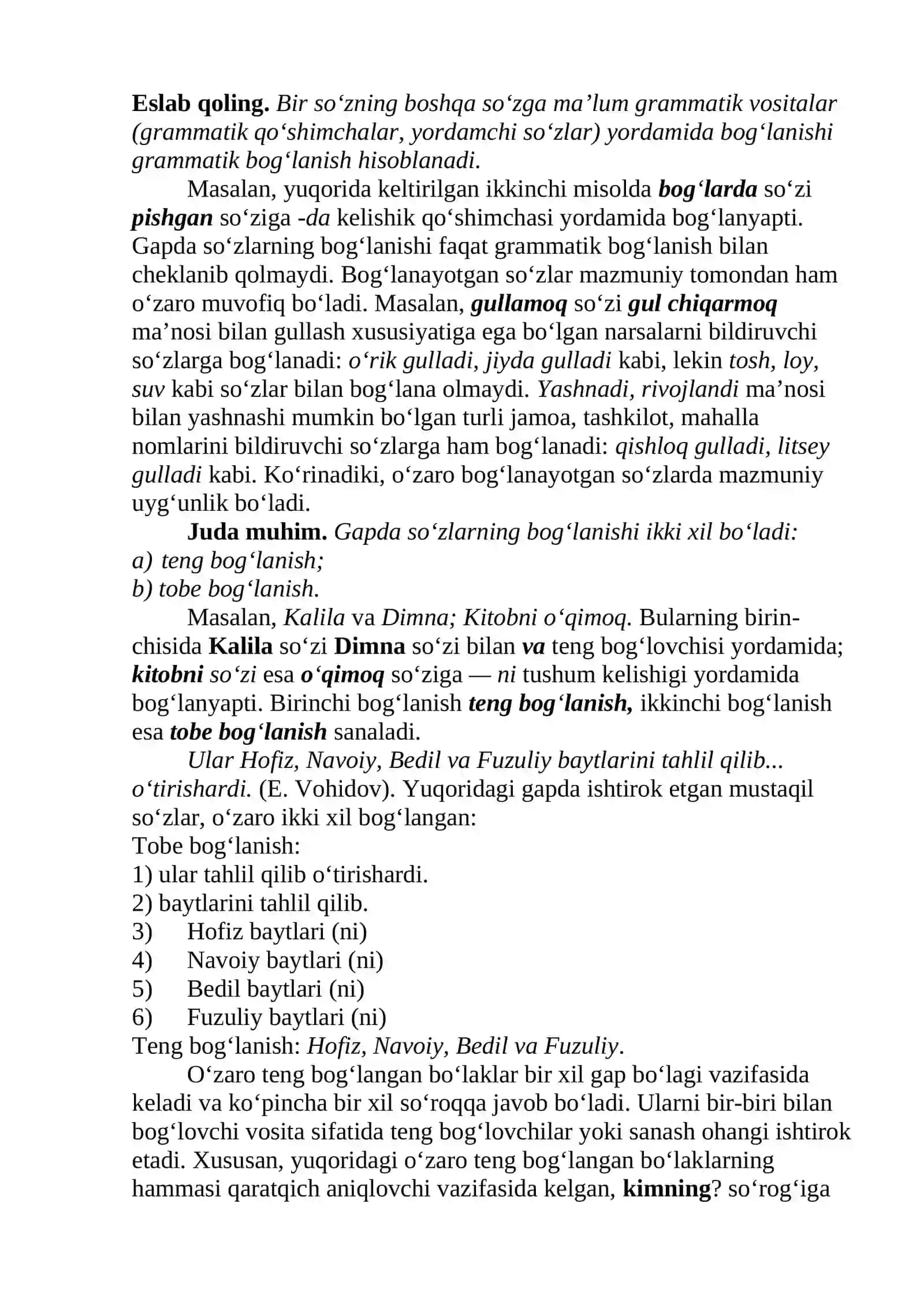 O’ZBEK TILI VA UNING TARAQQIYOTI. GAPDA SO’ZLARNING BOG’LANISHI. TENG VA TOBE BOG’LANISH 3