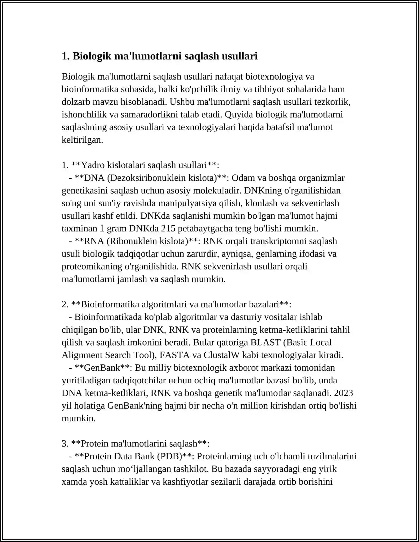 MAVZU: TIBBIY BIOLOGIK MASALAN YECHISH MISOLIDA MA’LUMOTLARNI TASHKIL QILISH VA KIRITISH 3