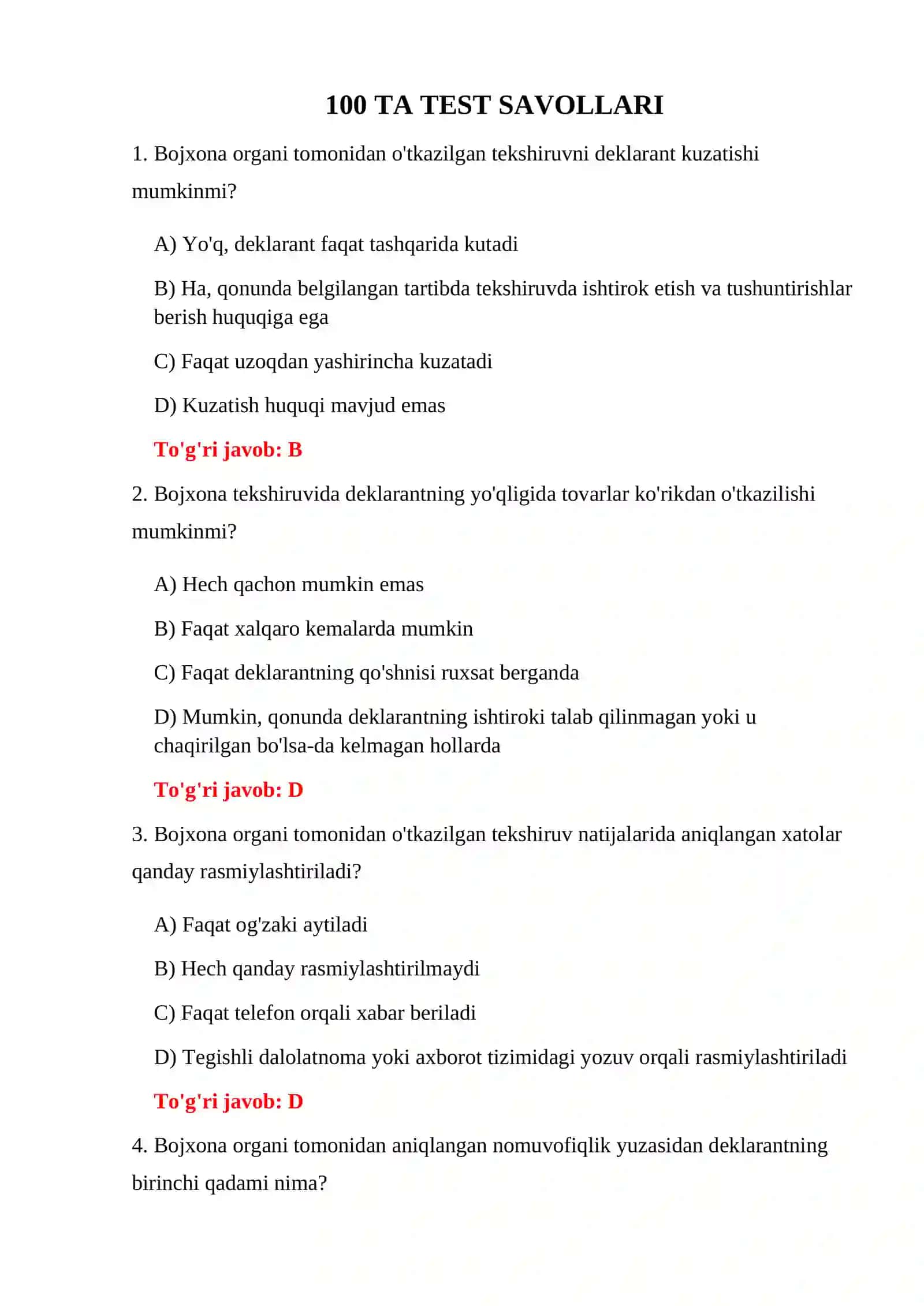 BOJXONA DEKLARATSIYASI 100 TA TEST 3