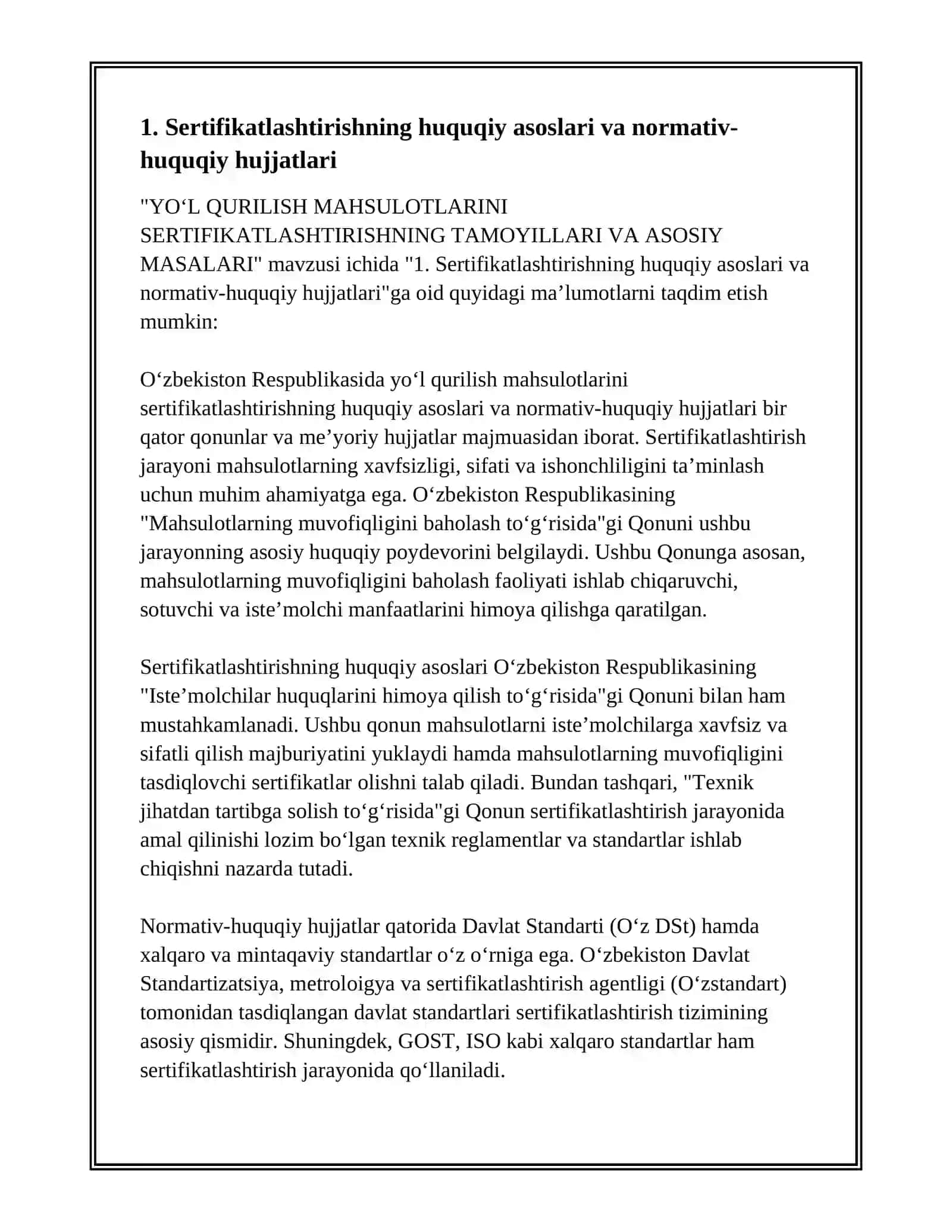 YOʻL QURILISH MAHSULOTLARINI SERTIFIKATLASHTIRISHNING TAMOYILLARI VA ASOSIY MASALARI 3