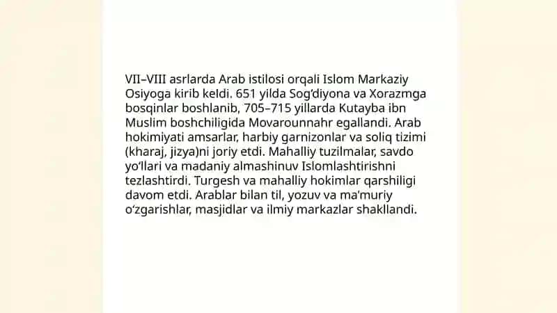 Markaziy Osiyoga islomning kirib kelishi va ijtimoiy-manaviy tarbiyadagi oʻzgarishlar 3
