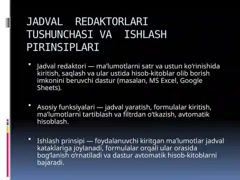 IQTISODIY MASALALARNI YECHISH JARAYONIDA  JADVAL REDAKTORLARIDAN  FOYDALANISH 3