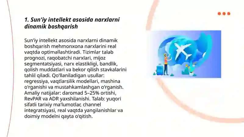 Mehmonxona daromadlarini boshqarishda sun'iy intellekt va avtomatlashtirilgan tizimlardan foydalanish imkoniyatlarini baholang. 3