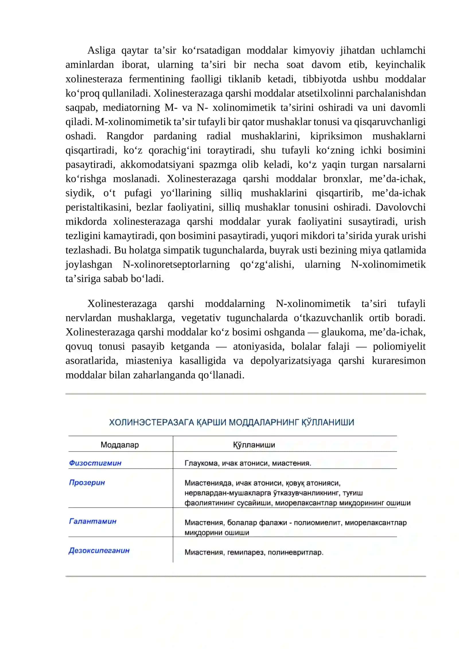 XOLINESTERAZAGA QARSHI MODDALAR BILVOSITA M- VA N- XOLINOMIMETIKLAR 3