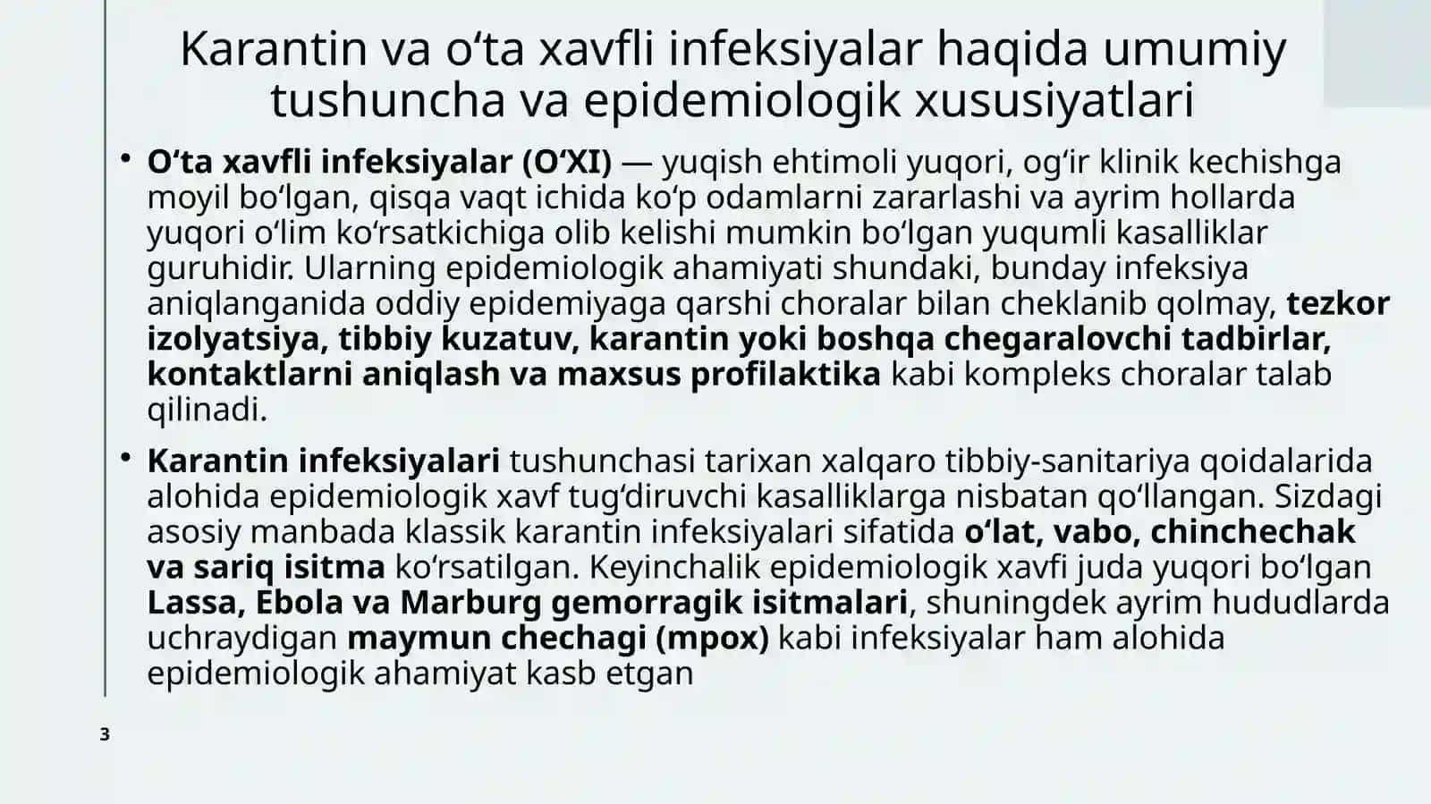 Karantin va o‘ta xavfli infeksiyalar (K va O‘XI) bilan kasallangan bemor aniqlanganda yoki gumon qil 3