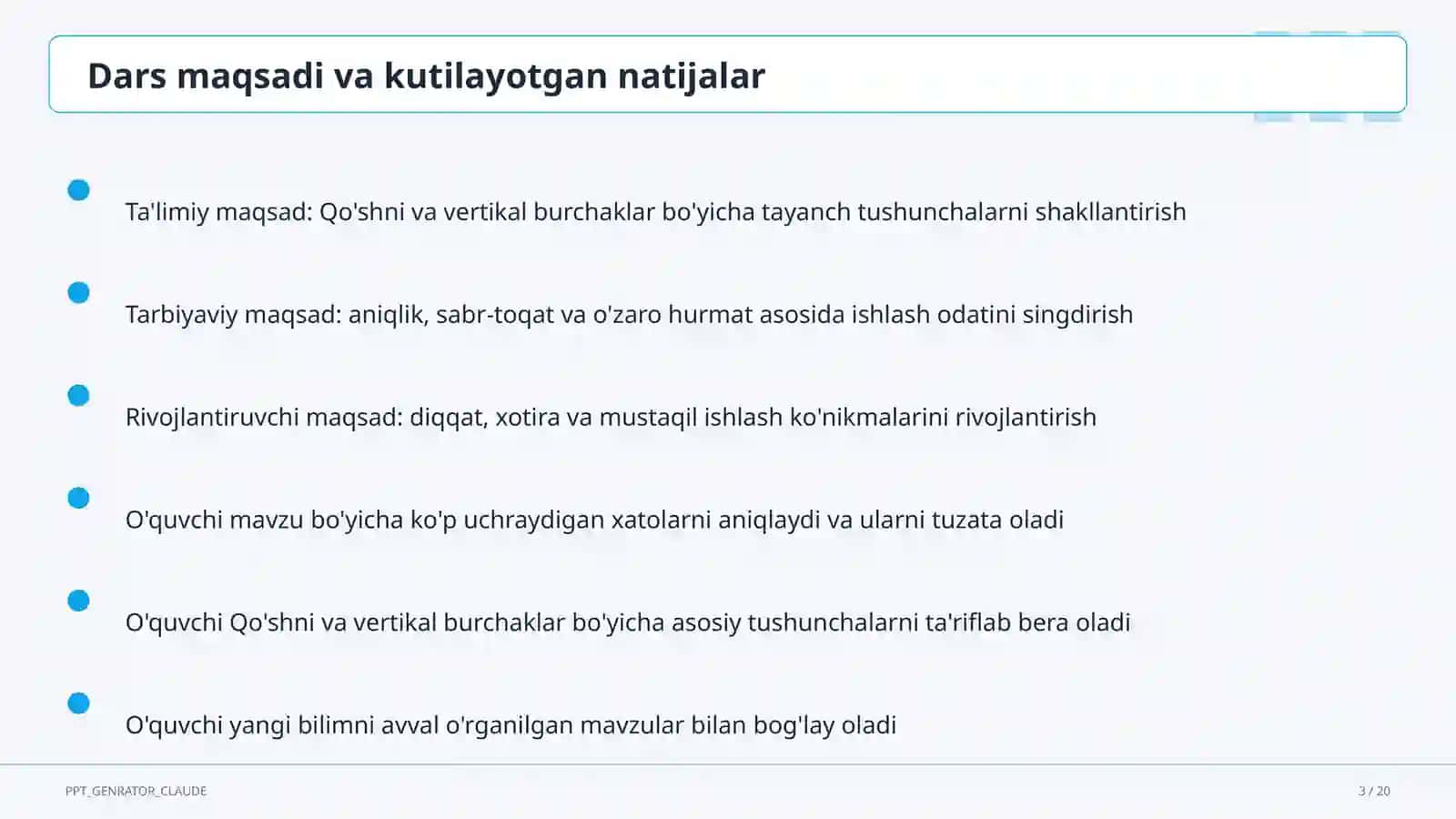 Qo'shni va vertikal burchaklar (7-sinf) 3
