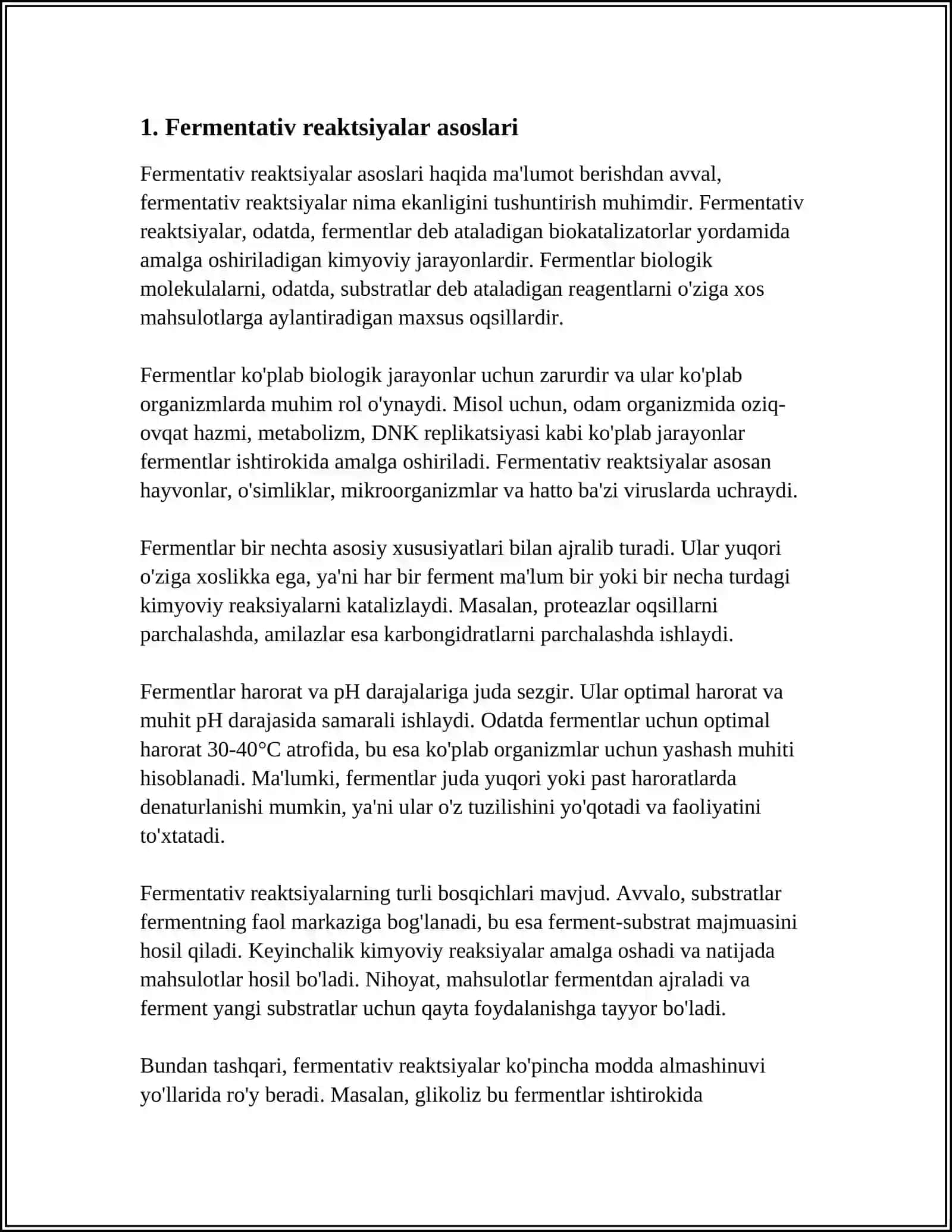 MUSTAQIL ISH Mavzu: FERMENTATIV REAKSIYALAR KINETIKASI 3