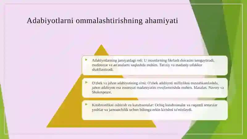 Adabiyotlarning jamiyatdagi roli U insonlarning fikrlash doirasini kengaytiradi, madaniyat 3