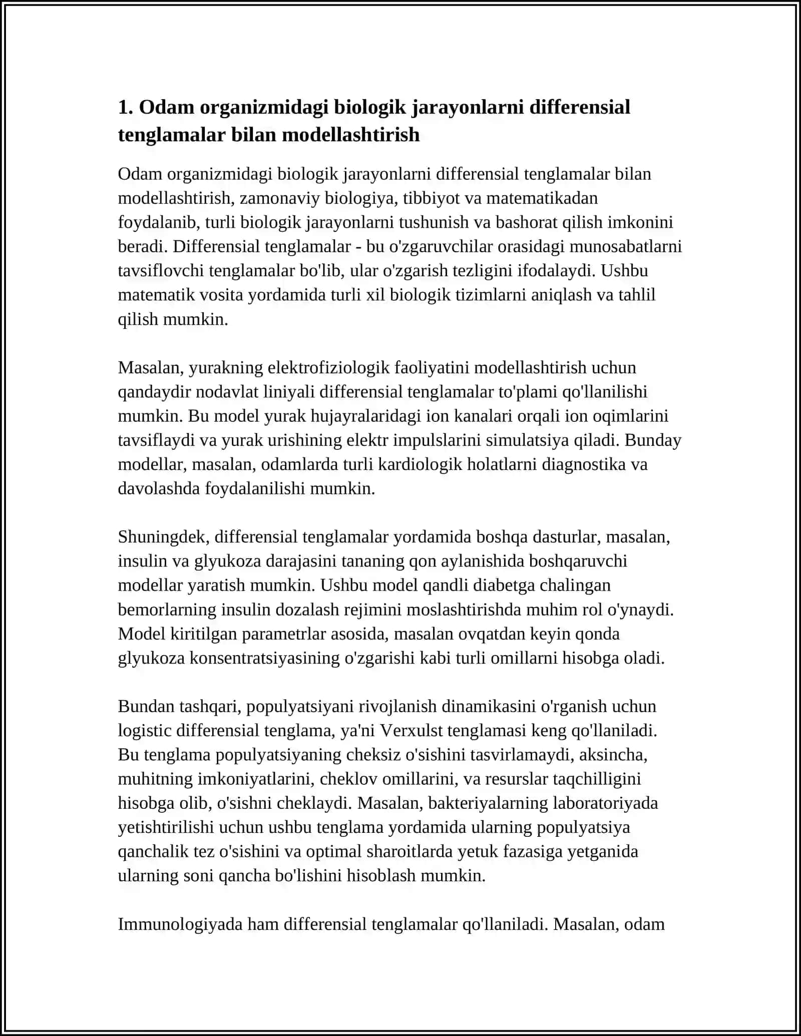 TIBBIY-BIOLOGIK MAZMUNDAGI DIFFERENSIAL TENGLAMALAMI TUZISH VA YECHISH 3