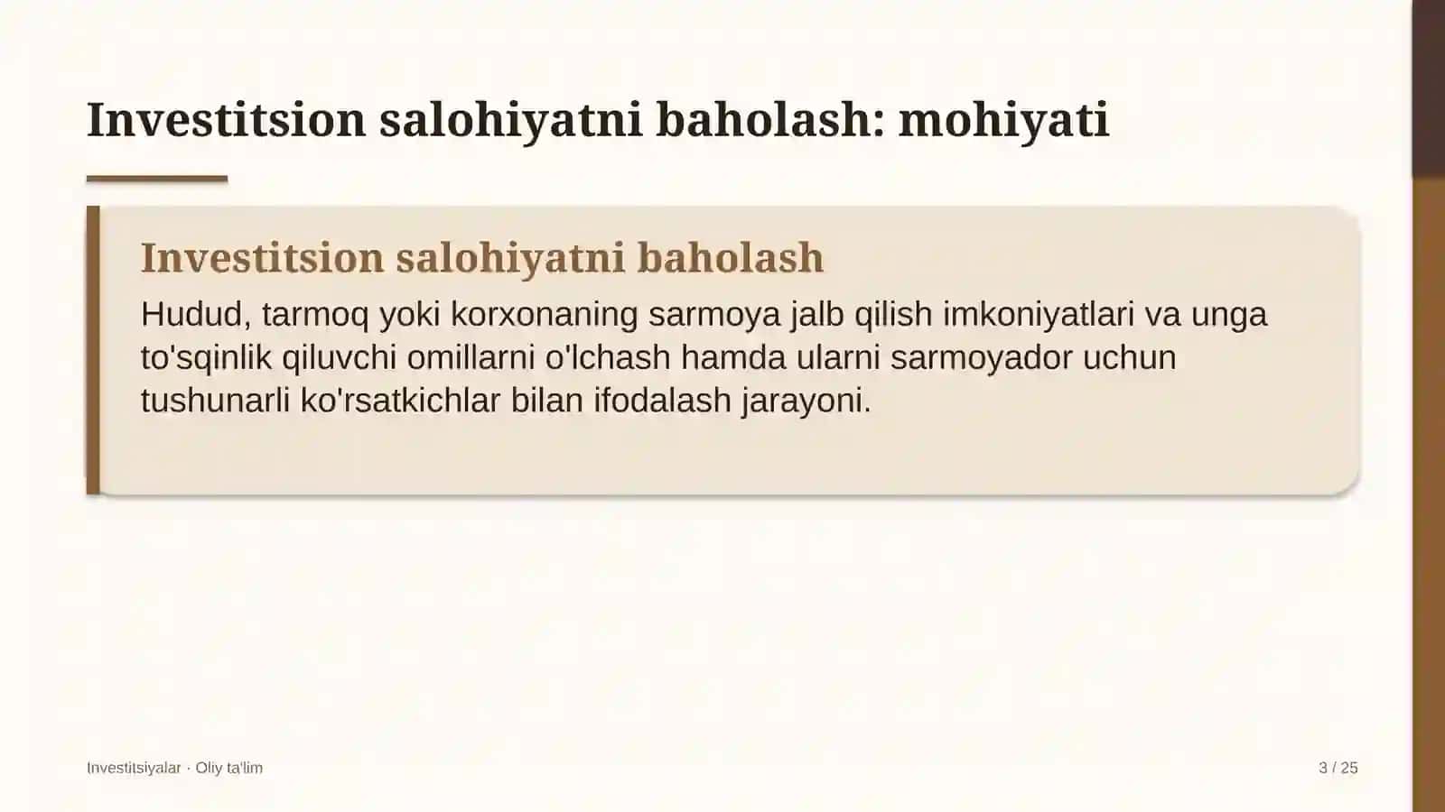 Investitsiyalar · Oliy ta'lim 3