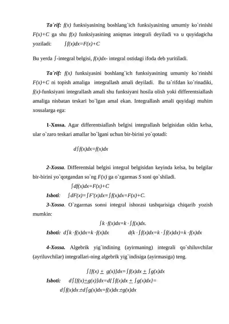 Boshlang`ich funksiya va aniqmas integral 3