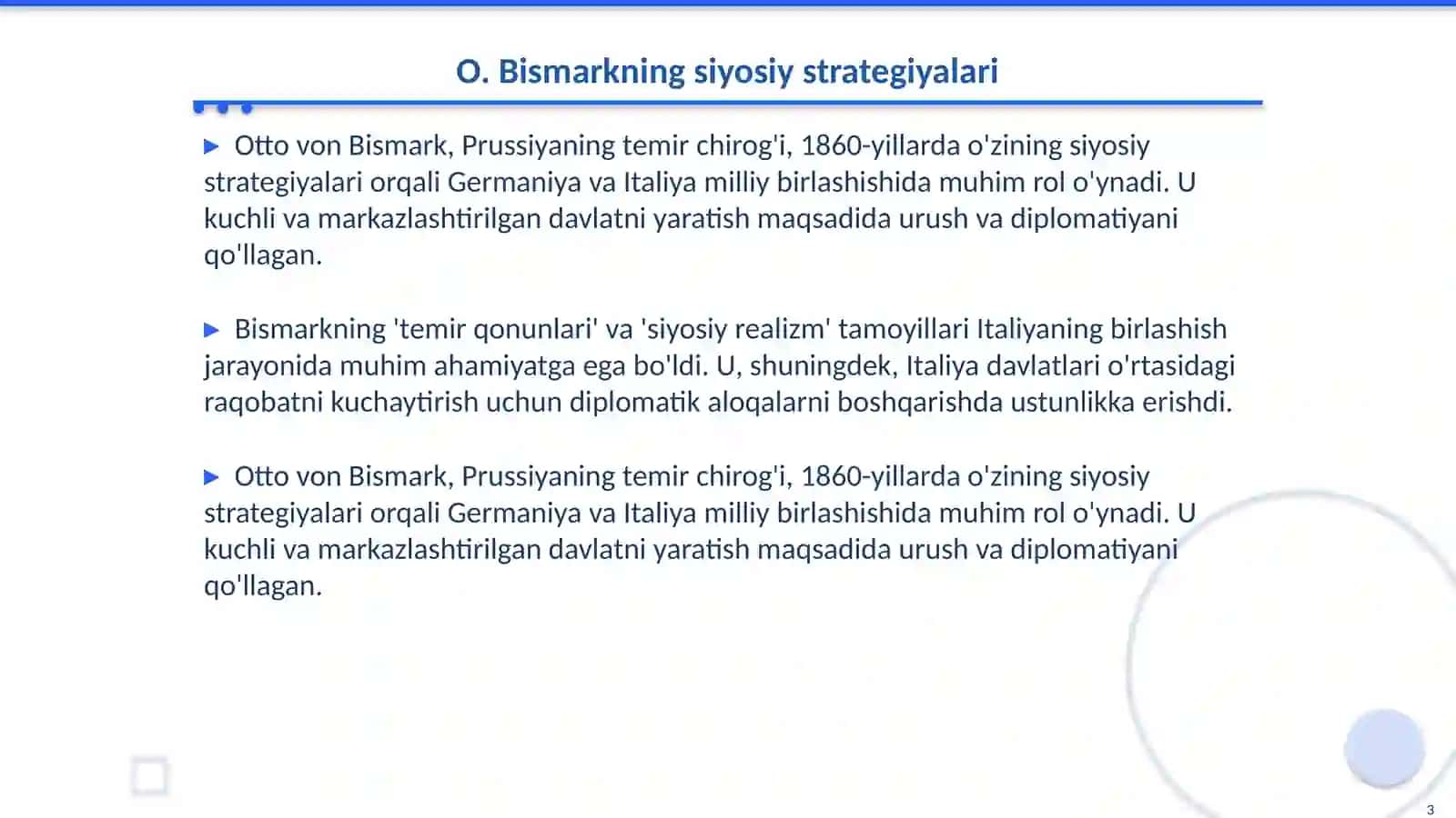 O. Bismarkning tutgan o'rni. Italyaning milliy birlashishi 3