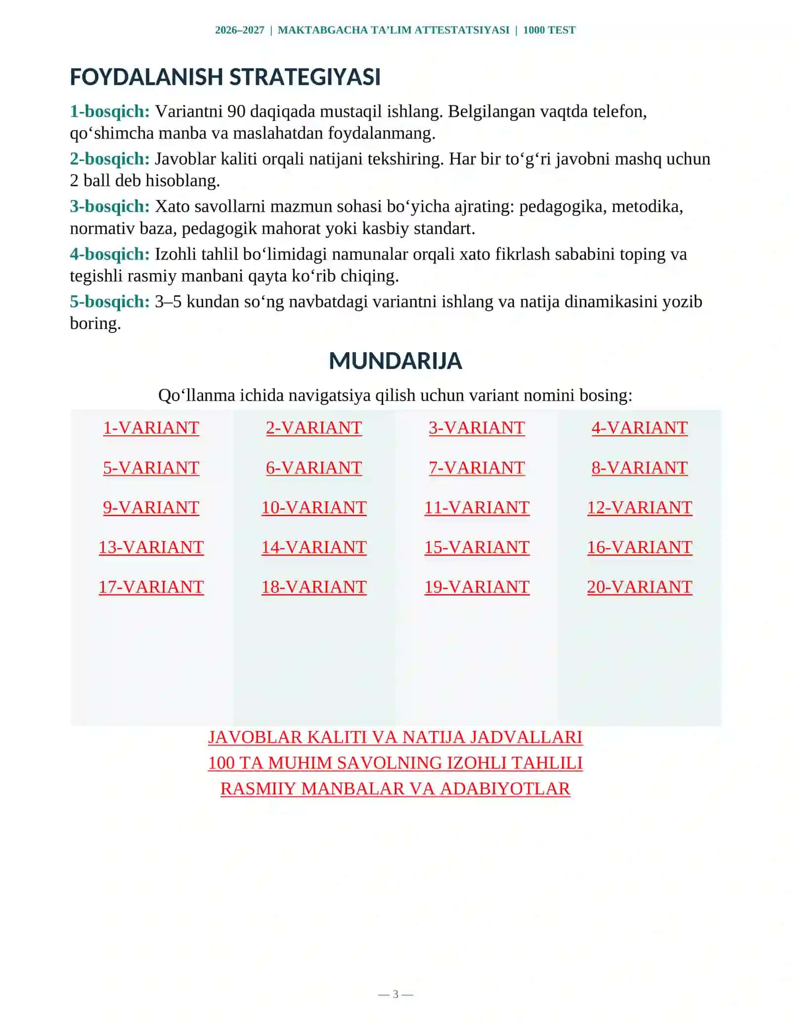 “MAKTABGACHA TA’LIM TASHKILOTI TARBIYACHILARI UCHUN ATTESTATSIYA — 2026–2027 | 1000 TA TEST | JAVOBLARI VA IZOHLI TAHLILI BILAN” 3