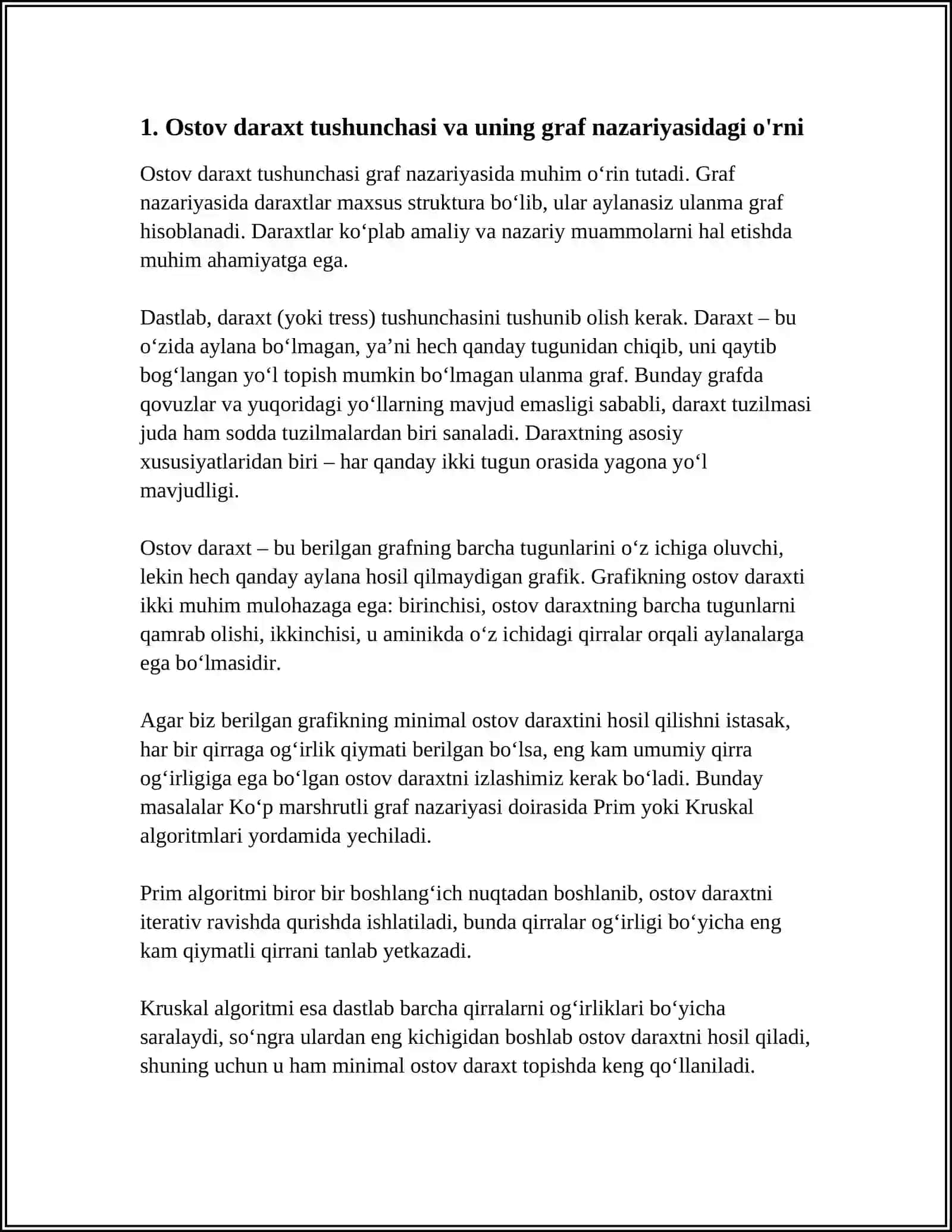 DISKRET TUZILMALAR FANIDAN DARAXTLAR (TRESS).OSTOV DARAXTI MAVZUSIDA MUSTAQIL ISH 3