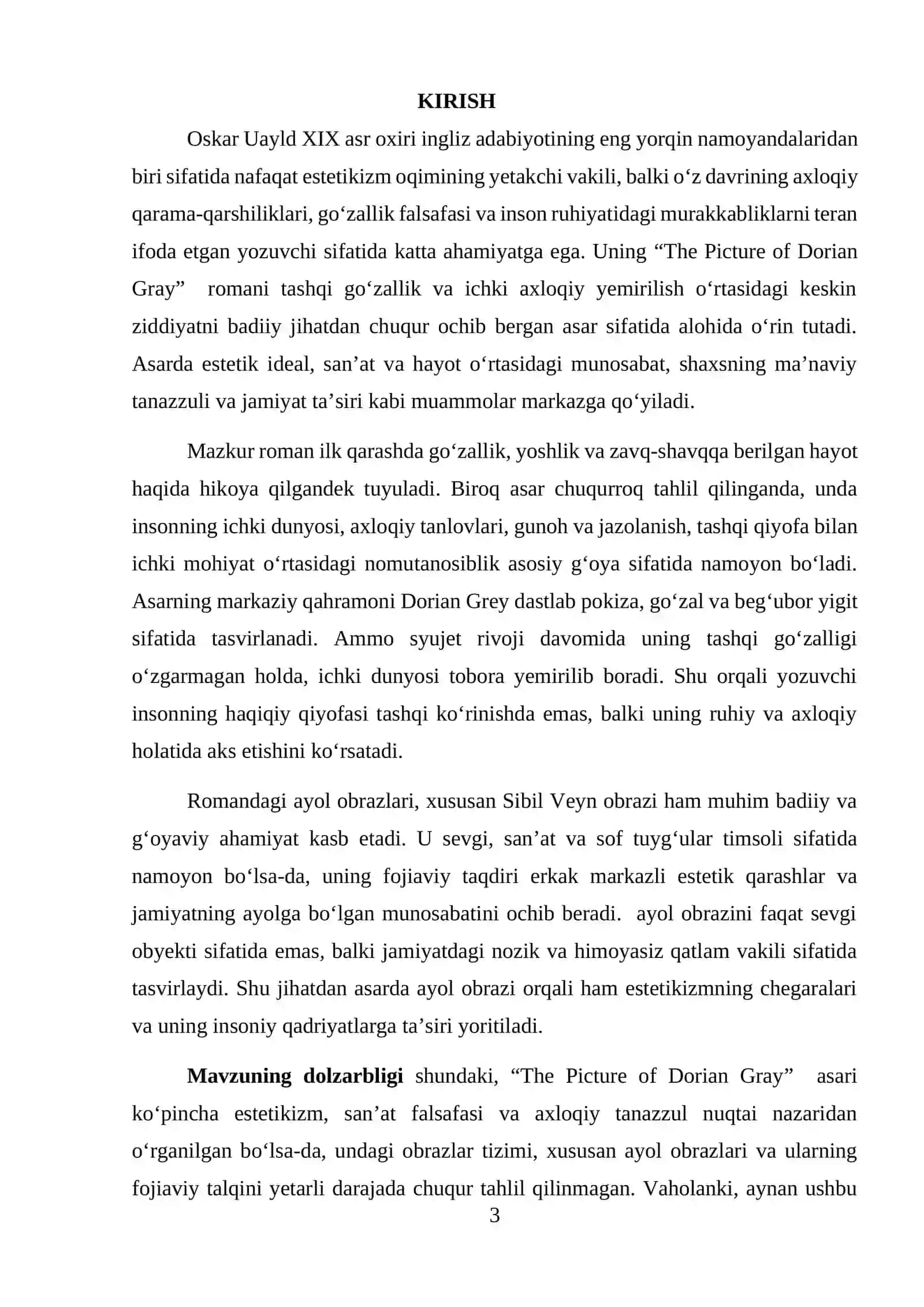 Oskar Uayldning “The Picture of Dorian Gray“ asarida estetizm va axloq qarama-qarshiligi mavzusidagi KURS ISHI 3
