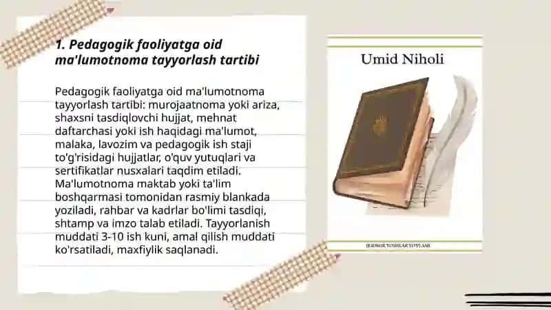 Pedagogik faoliyat bn bogʻliq maʼlumot axborot hujjat hisobot dalolatnoma tushuntirish xati tavsiyanoma 3