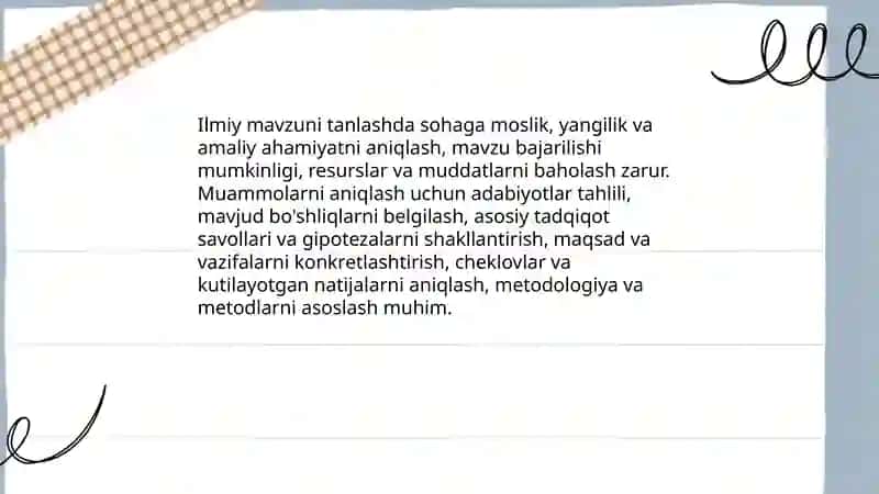 Sohaga oid ixtiyoriy ilmiy mavzuga tezis tayorlash 3