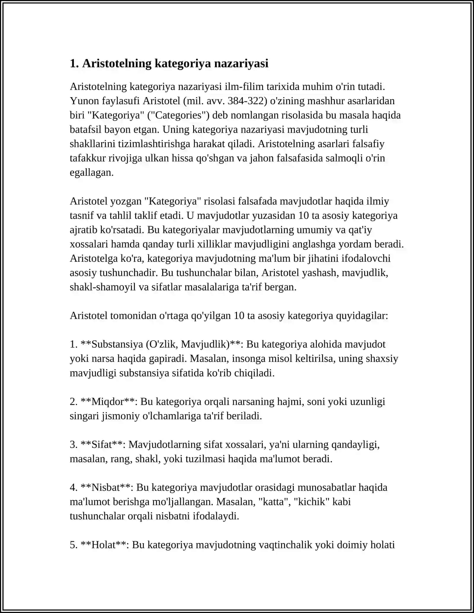 ARISTOTEL, FAROBIY VA KANT ONTOLOGIYASI VA KATEGORIYALAR TASNIFI 3