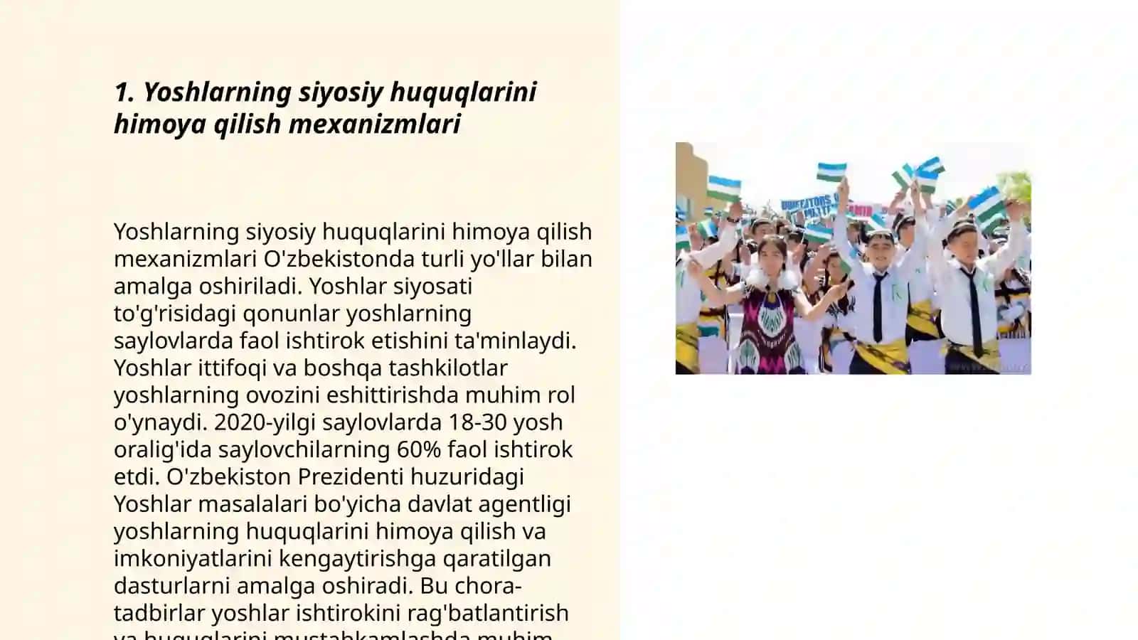 Davlat yoshlarning shaxsiy siyosiy,iqtisodiy,ijtimoiy,madaniy,ekologik huquqlari himoya qilinishi 3