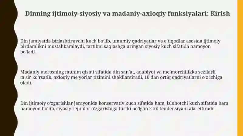 Dinning ijtimoiy-siyosiy va madaniy-axloqiy funksiyalari: Kirish 3