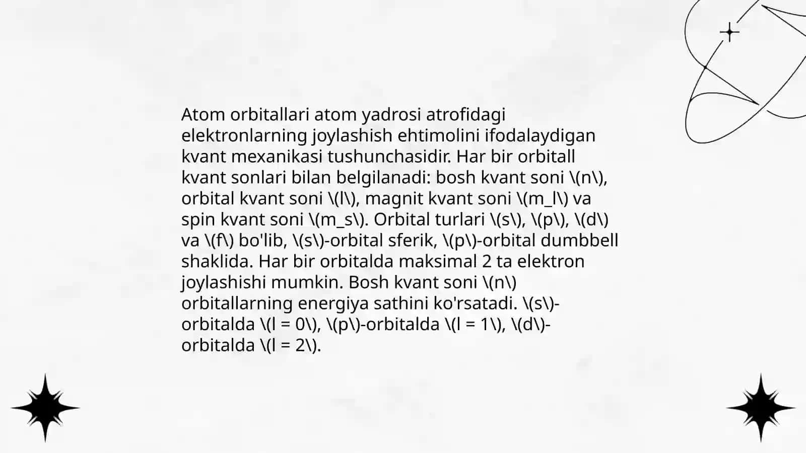 Atom orbitallar De-Broyl tenglamasi elektron bulut tòlqin funksiyasi s d p f elementlarning funksiyasi 3
