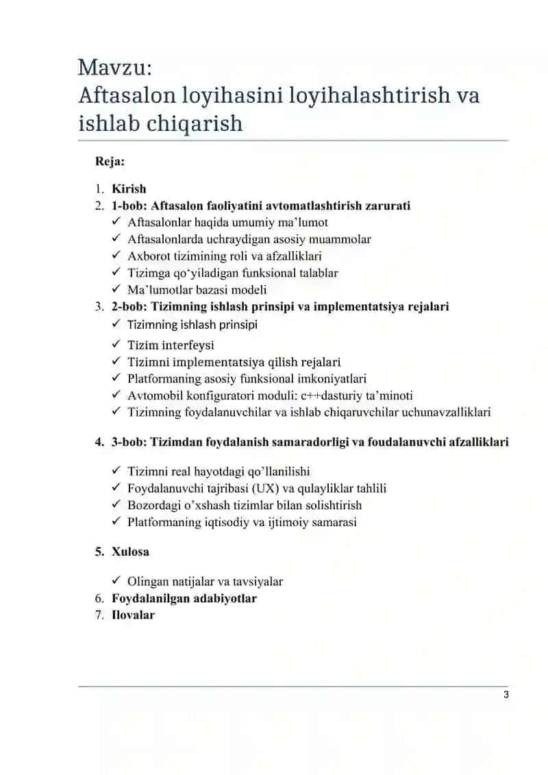 Aftasalon loyihasini loyihalashtirish va ishlab chiqarish 3