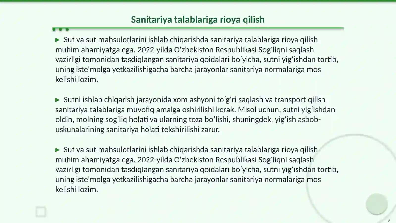 Sut va sut mahsulotlariga qo‘yiladigon talablar 3