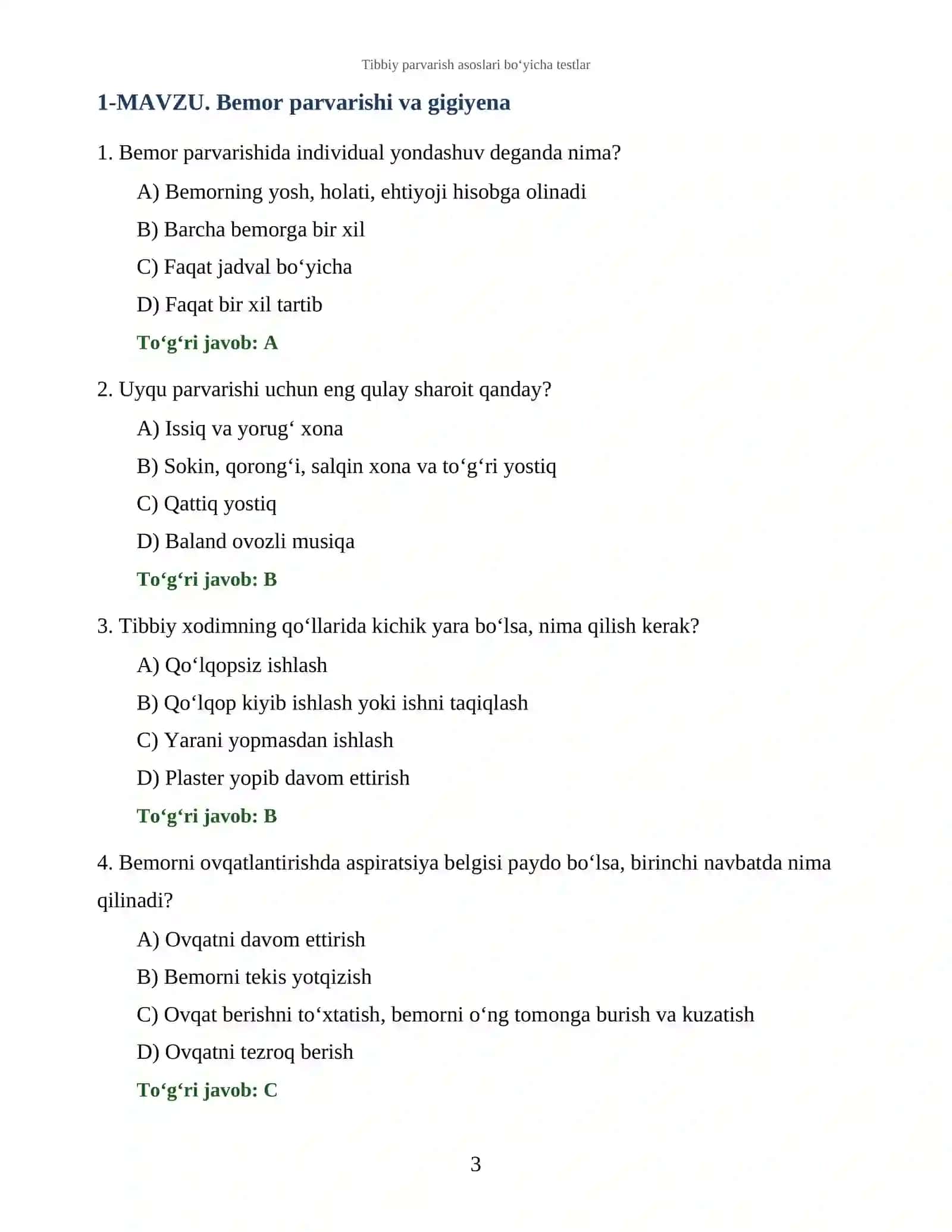 Tibbiy parvarish asoslari bo‘yicha testlar 3
