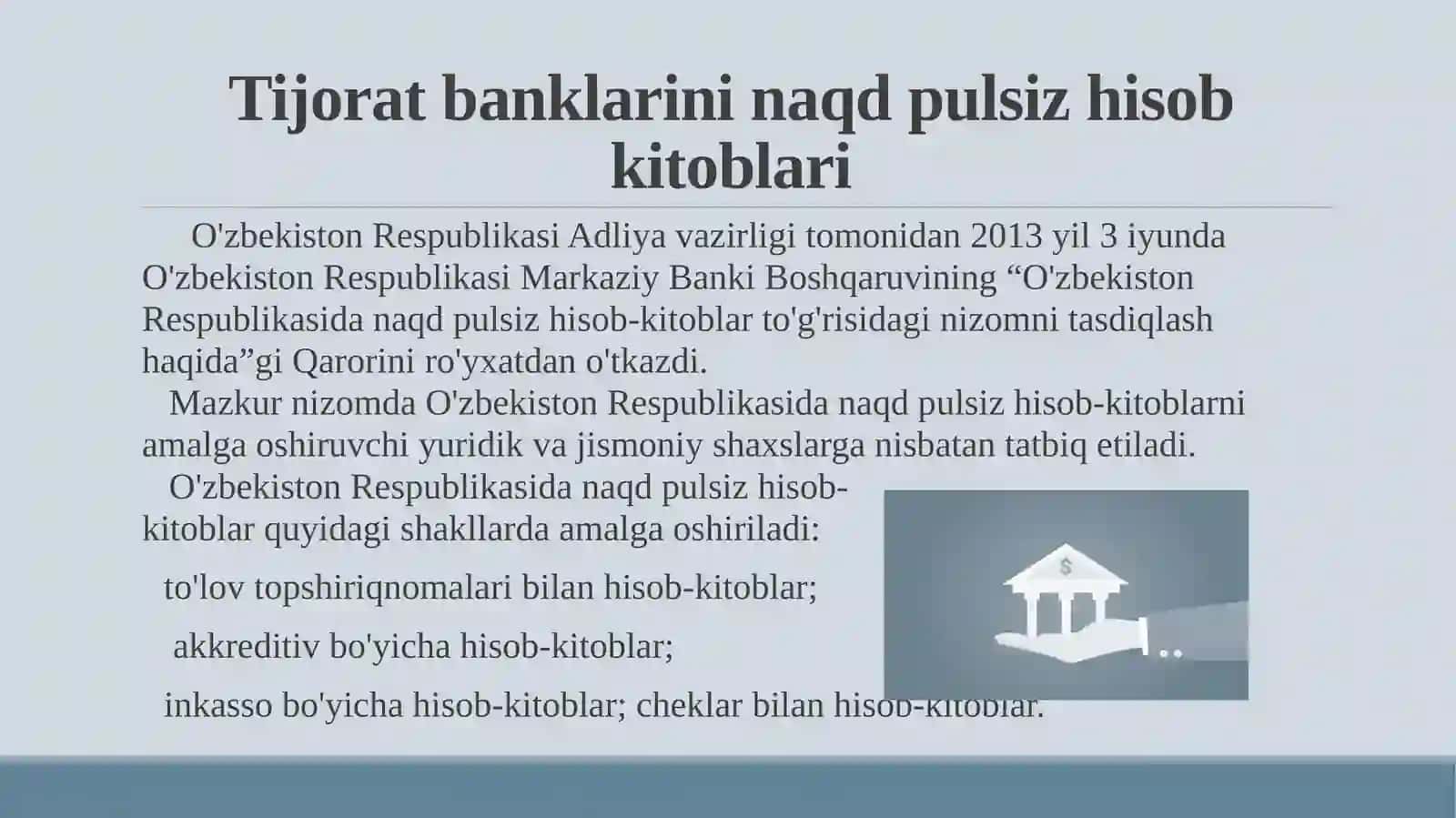 Tijorat banklarni naqd pulsiz hisob kitoblarini hisob kitobi 3