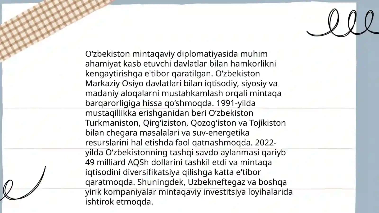 O'zbekistonning Markaziy Osiyoda tinchlik va barqarorlikni ta'minlashdagi o‘rni 3