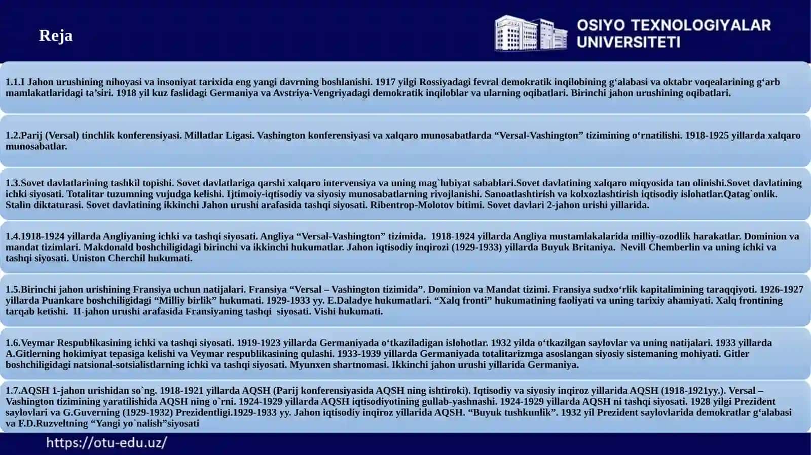 Birinchi Jahon urushidan keyingi xalqaro munosabatlar. Sovet davlati. Angliya, Fransiya, Germaniya mamlakatlari ikki jahon urushi oralig'ida. AQSH va Lotin Amerika mamlakatlari 1918-1939 yillarda 3