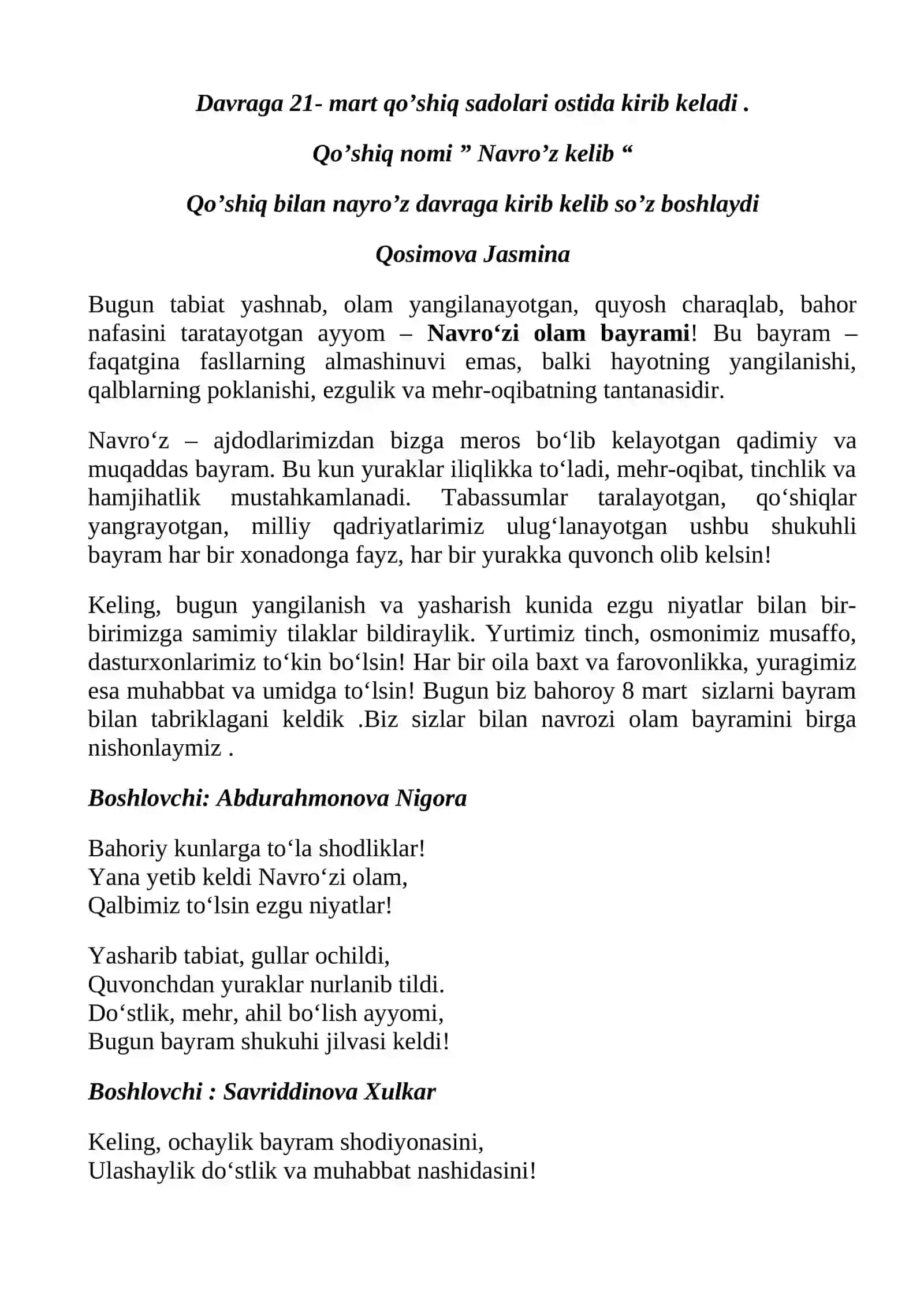 Bolalar uchun 21-mart Navro‘z bayrami tadbir senariysi 3