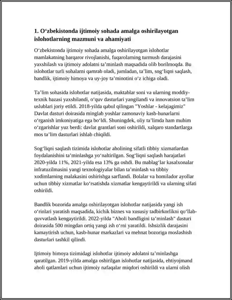 O'zbekistonda ijtimoiy sohada amalga oshirilayotgan islohotlarning mazmuni va ahamiyati 3