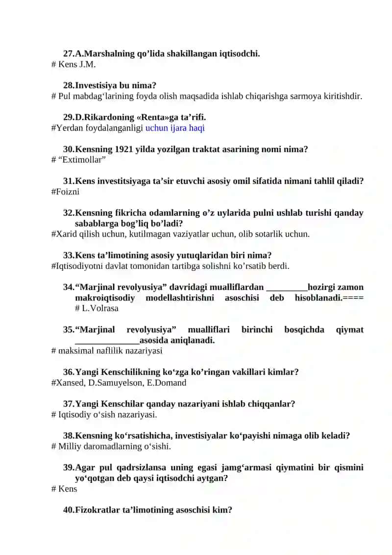 IQTISODIY TA’LIMOTLAR TARIXI fanidan Yakuniy testlar 3