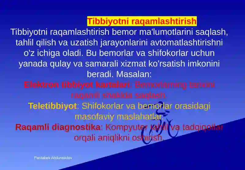 Tibbiyotni raqamlashtirish. Zamonaviy axborot texnologiyalarining tibbiyotda qo‘llanilishi. Axbotot kommunikatsuon texnologiyalarini ta’lim sohasi, ishlab chiqarish va tibbiyotda tadbiq etish 3