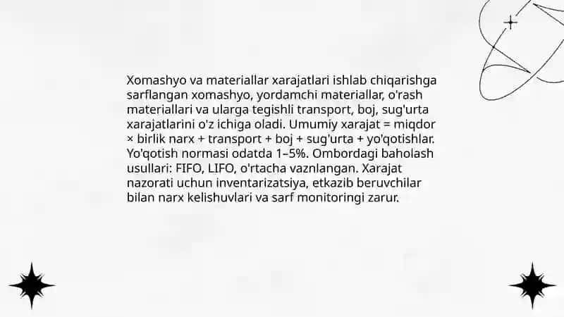 Xomashyo va materiallar xarajatlari 3