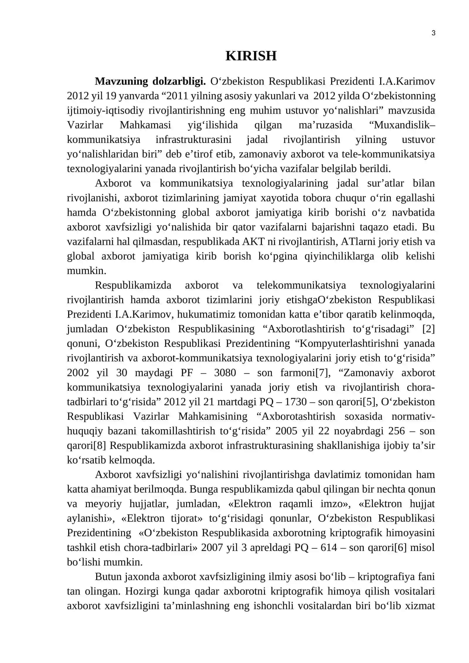 "MILLIY KRIPTOPROVAYDER YARATISH VA UNI  AXBOROT TIZIMLARIDA QO‘LLASH" MAVZUSIDA MAGISTR AKADEMIK DARAJASINI OLISH UCHUN YOZILGAN DISSERTATSIYA 3