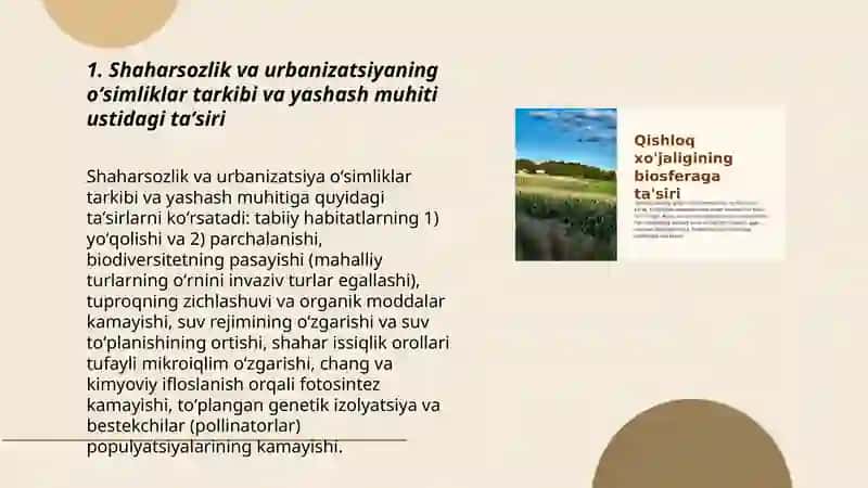 Shaharsozlik va urbanizatsiyaning oʻsimliklar tarkibi va yashash muhiti ustidagi taʼsiri 3