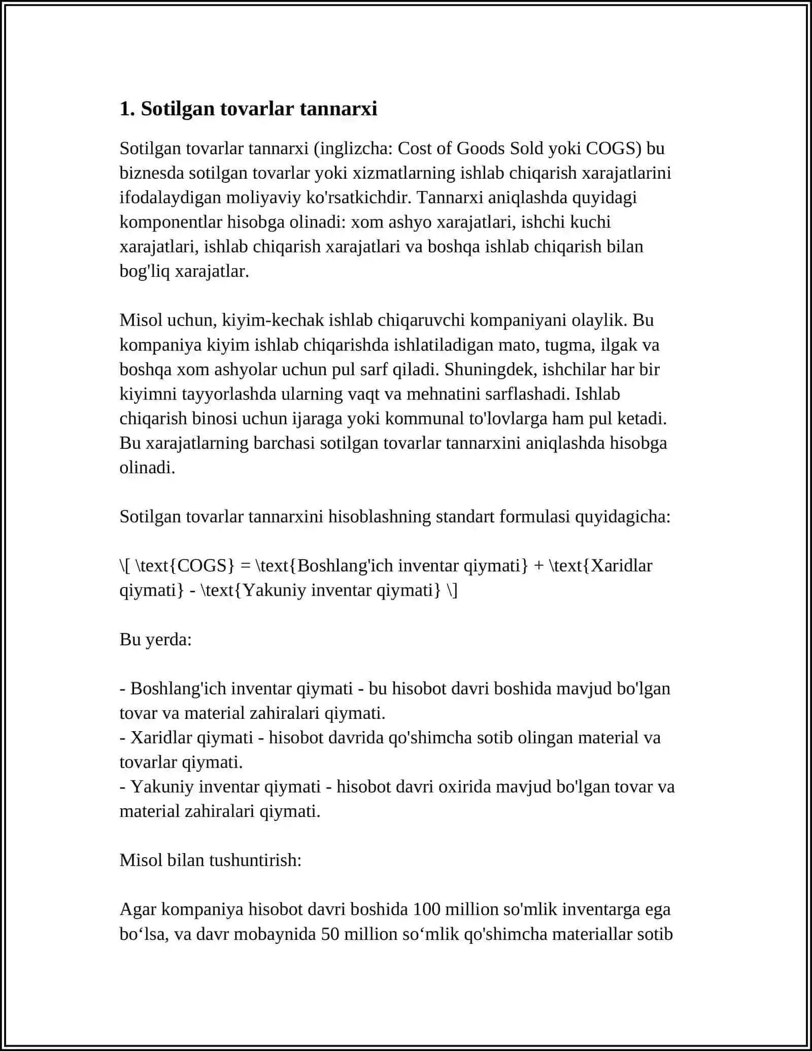 SOTILGAN TOVARLAR QIYMATINI HISOBLASH 3