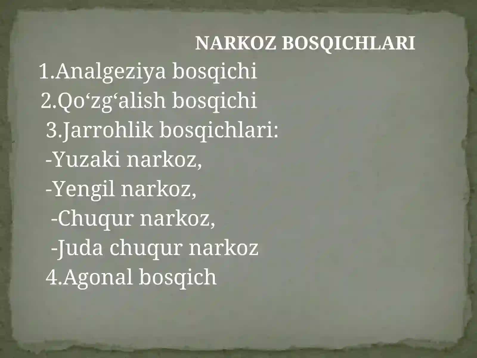 Narkoz  vositalari.  Etil  spirti. Uxlatuvchi vositalar. Alkogolizm va uning asoratlari 3